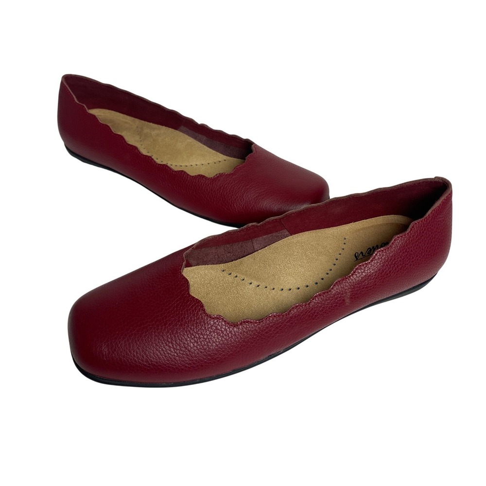 Trotters Honor Burgundy Red Leather Scalloped Square Toe Ballet Flats 10M T2255